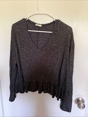 Olivia Rae Charcoal V-Neck Ruffle Hem Long Sleeve Top